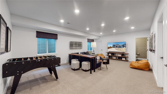 playroom with light colored carpet