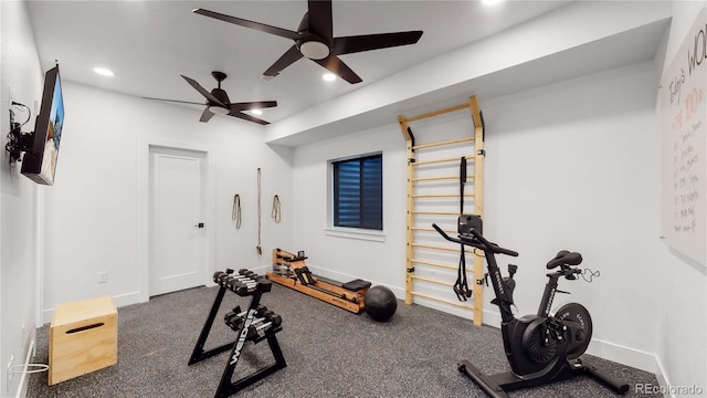 workout area featuring ceiling fan