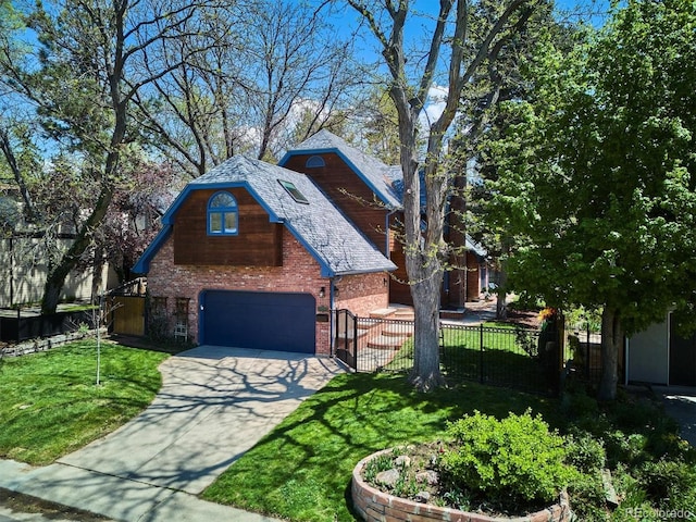 view of property exterior with brick siding, driveway, and a garage