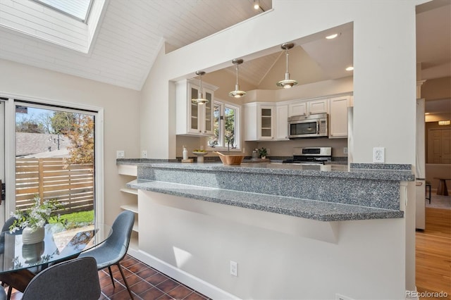 kitchen featuring stainless steel appliances, lofted ceiling, healthy amount of natural light, glass insert cabinets, and a peninsula