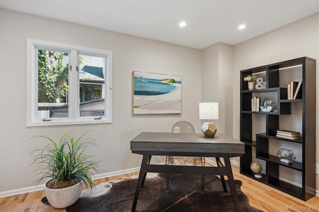 office with wood finished floors, recessed lighting, and baseboards