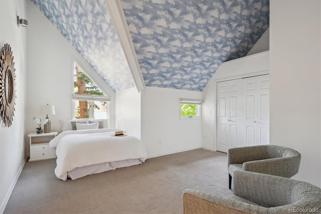 carpeted bedroom featuring vaulted ceiling, baseboards, and a closet