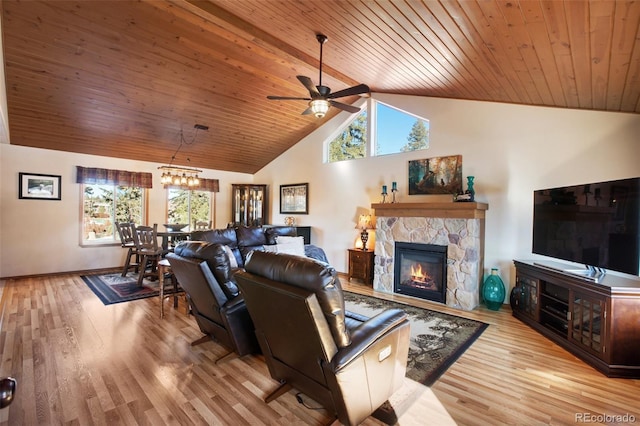 living room featuring a stone fireplace, wood ceiling, high vaulted ceiling, ceiling fan, and light hardwood / wood-style floors