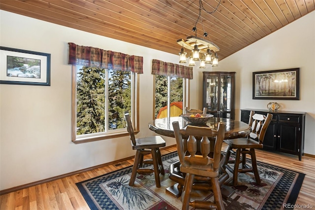 dining room featuring hardwood / wood-style floors, wood ceiling, and vaulted ceiling