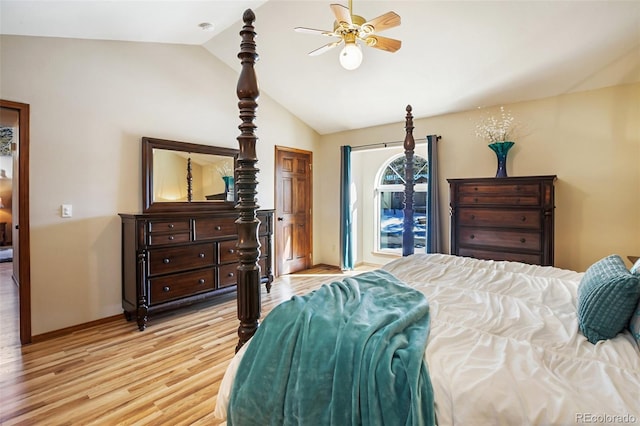 bedroom featuring ceiling fan, vaulted ceiling, and light hardwood / wood-style flooring