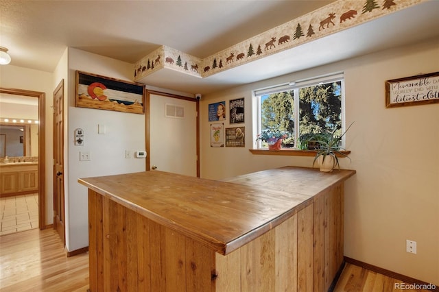 kitchen featuring kitchen peninsula, sink, and light hardwood / wood-style flooring