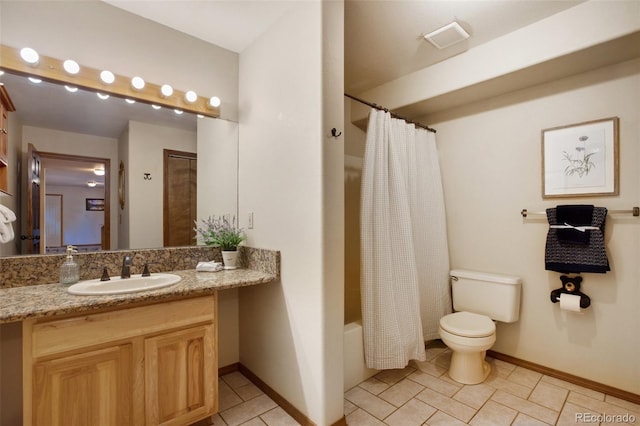 full bathroom featuring tile patterned flooring, vanity, shower / bathtub combination with curtain, and toilet