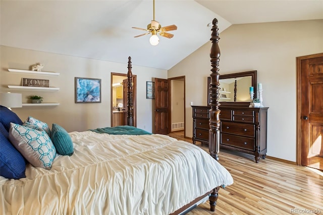 350 Panther Ct, Woodland Park, CO 80863 - bedroom featuring visible vents, vaulted ceiling, ceiling fan, baseboards, and light wood-style floors