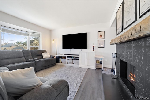 living area featuring a fireplace, baseboards, and dark wood finished floors