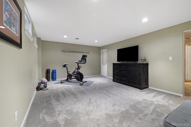 workout room featuring carpet, baseboards, and recessed lighting