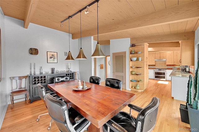 4701 Homestead St, Bow Mar, CO 80123 - dining room with wooden ceiling with exposed beams, light wood-type flooring, and track lighting