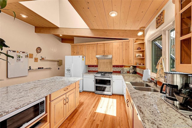 4701 Homestead St, Bow Mar, CO 80123 - kitchen with stainless steel appliances, a sink, open shelves, under cabinet range hood, and light brown cabinets