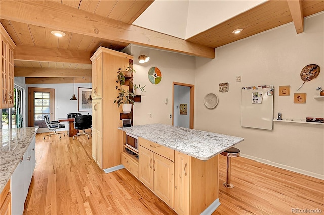 4701 Homestead St, Bow Mar, CO 80123 - kitchen featuring wooden ceiling with exposed beams, light brown cabinetry, light wood-type flooring, an office area, and recessed lighting