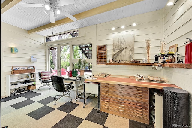 4701 Homestead St, Bow Mar, CO 80123 - home office with beamed ceiling, tile patterned floors, wood walls, and ceiling fan
