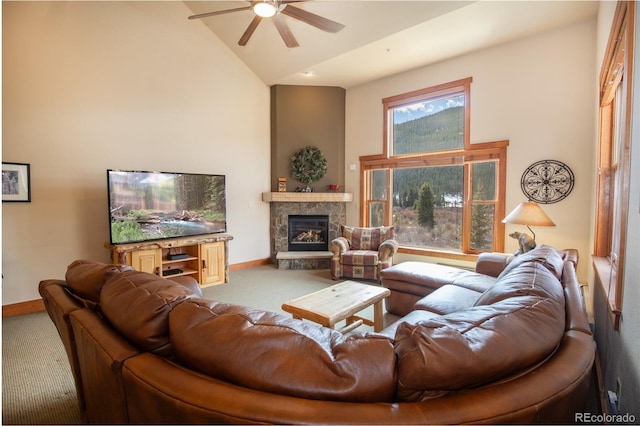 58 Hawk Cir Unit 2342, Dillon, CO 80435 - carpeted living room with high vaulted ceiling, ceiling fan, and a stone fireplace