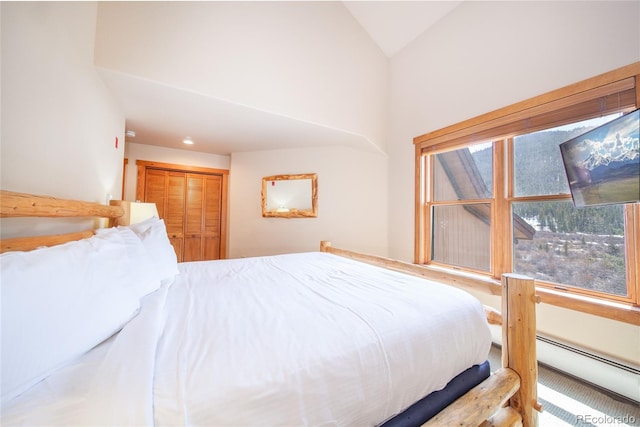 58 Hawk Cir Unit 2342, Dillon, CO 80435 - carpeted bedroom with baseboard heating, a closet, and lofted ceiling