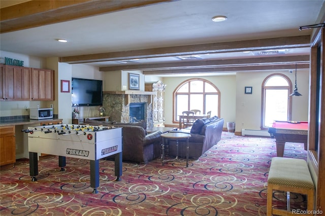 58 Hawk Cir Unit 2342, Dillon, CO 80435 - playroom featuring beamed ceiling, a baseboard radiator, and billiards