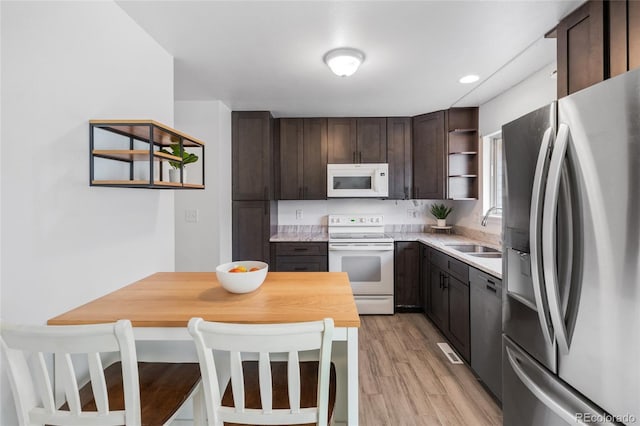 kitchen featuring light wood finished floors, open shelves, a sink, dark brown cabinets, and appliances with stainless steel finishes