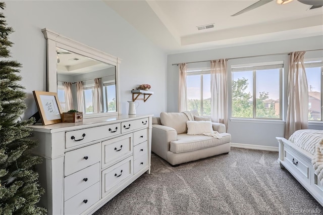 sitting room featuring a raised ceiling and light carpet