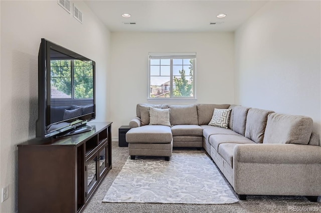 living room with plenty of natural light and carpet floors