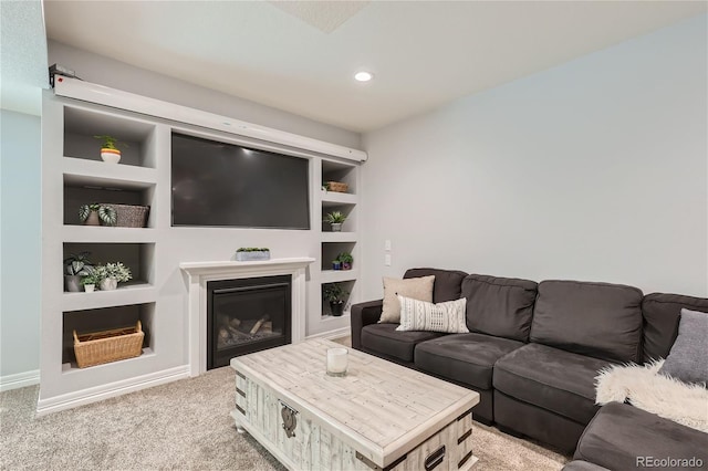 carpeted living room with built in features