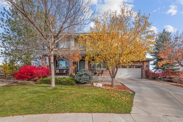 view of property hidden behind natural elements featuring a garage, brick siding, concrete driveway, and a front yard