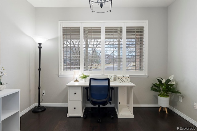 home office with baseboards and dark wood-style floors