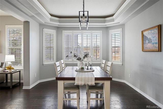 dining room featuring dark wood finished floors, a raised ceiling, and baseboards