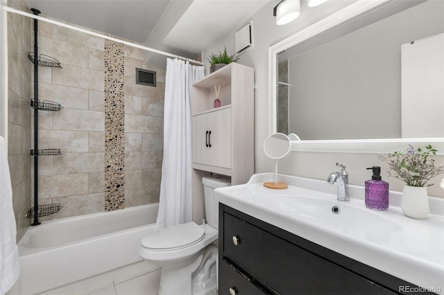 bathroom with shower / bath combination with curtain, visible vents, vanity, tile patterned floors, and toilet