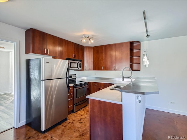 500 E 11th Ave Unit 203, Denver, CO 80203 - kitchen with stainless steel appliances, a peninsula, open shelves, light countertops, and brown cabinetry