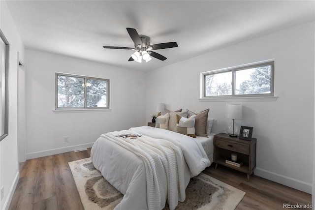 bedroom with multiple windows, hardwood / wood-style flooring, and ceiling fan