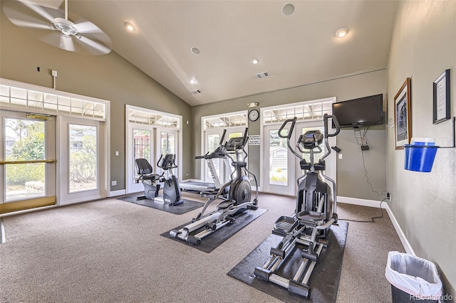 12818 Ironstone Way Unit 101, Parker, CO 80134 - workout area with ceiling fan, baseboards, recessed lighting, carpet floors, and high vaulted ceiling
