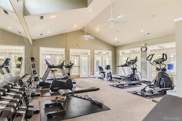 12818 Ironstone Way Unit 101, Parker, CO 80134 - exercise room featuring high vaulted ceiling, carpet, recessed lighting, and a ceiling fan