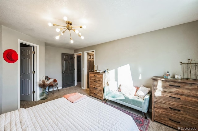 carpeted bedroom with a chandelier