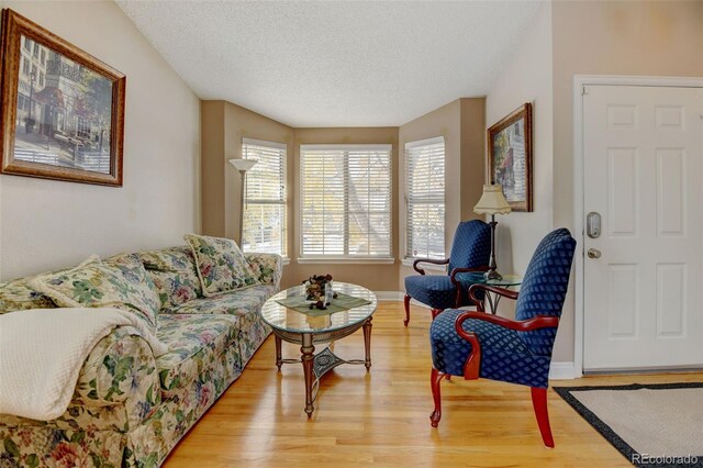 living room with light hardwood / wood-style floors and a textured ceiling