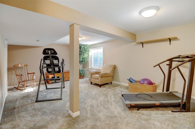 workout area featuring light colored carpet