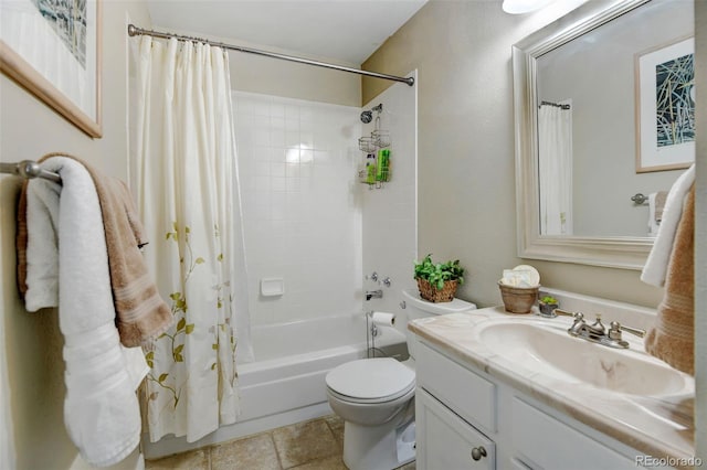 full bathroom featuring toilet, vanity, and shower / bathtub combination with curtain