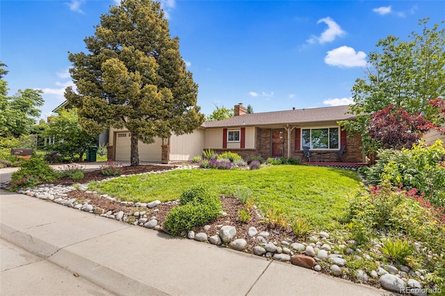 1982 S Truckee St, Aurora, CO 80013 - ranch-style house featuring a chimney, a garage, a front lawn, and concrete driveway