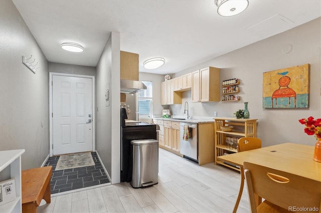 kitchen featuring under cabinet range hood, a sink, light countertops, dishwasher, and open shelves