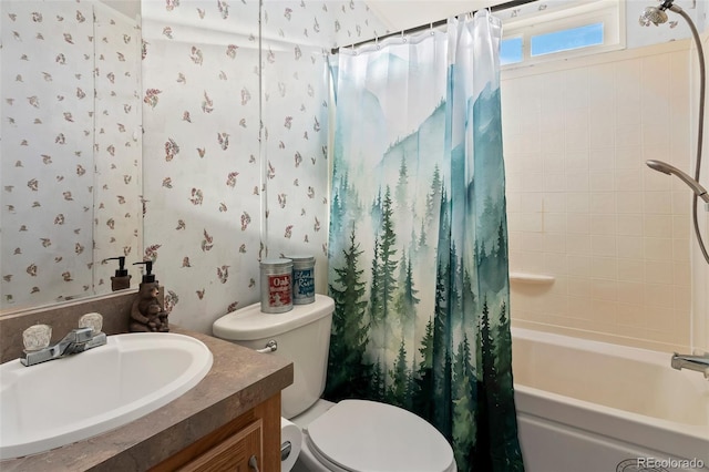 full bathroom with shower / bath combination with curtain, vanity, and toilet