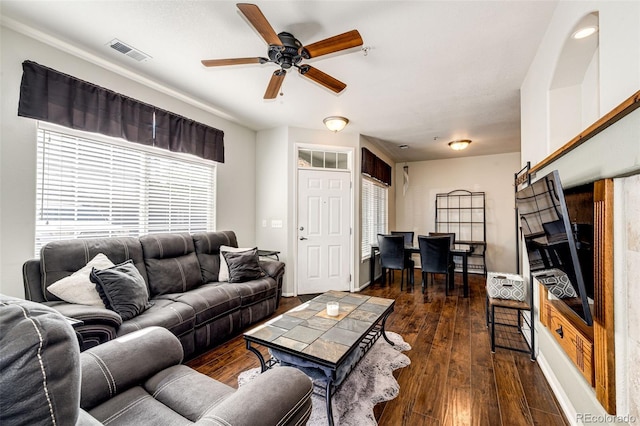 452 Black Feather Loop Unit 608, Castle Rock, CO 80104 - living area featuring ceiling fan and dark wood finished floors
