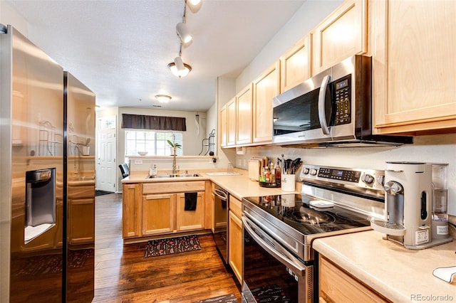 452 Black Feather Loop Unit 608, Castle Rock, CO 80104 - kitchen featuring stainless steel appliances, a sink, dark wood-style floors, light brown cabinetry, and light countertops