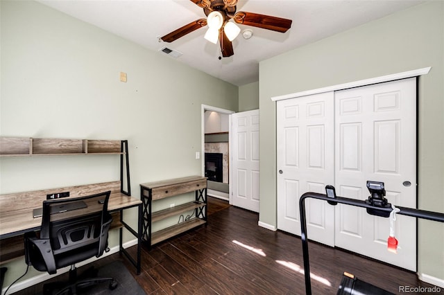 452 Black Feather Loop Unit 608, Castle Rock, CO 80104 - office featuring dark wood-type flooring, a ceiling fan, baseboards, and a fireplace