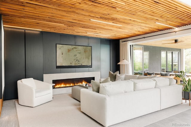 140 S Glencoe St, Denver, CO 80246 - living area with a warm lit fireplace and wooden ceiling