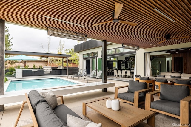 140 S Glencoe St, Denver, CO 80246 - swimming pool with exterior kitchen, an outdoor living space, a patio, and ceiling fan