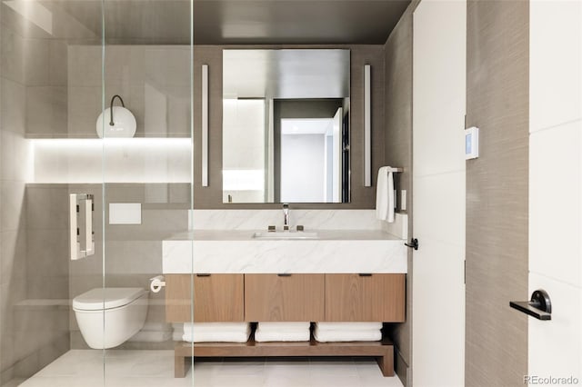 140 S Glencoe St, Denver, CO 80246 - full bathroom with vanity, tile patterned floors, and tile walls