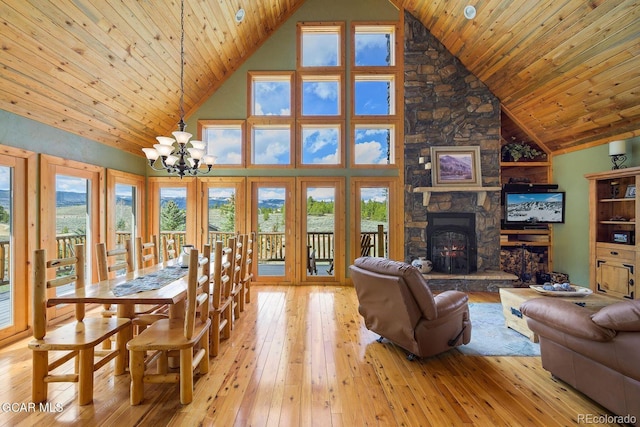 62 897, Grand Lake, CO 80447 - living area featuring high vaulted ceiling, wood-type flooring, a chandelier, wooden ceiling, and a fireplace