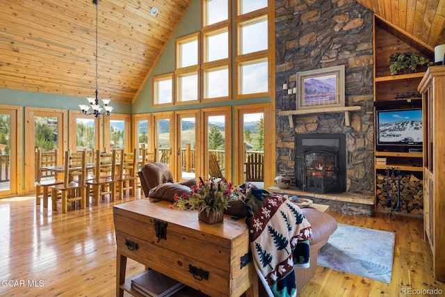 62 897, Grand Lake, CO 80447 - living room with wood ceiling, high vaulted ceiling, wood-type flooring, a stone fireplace, and a chandelier