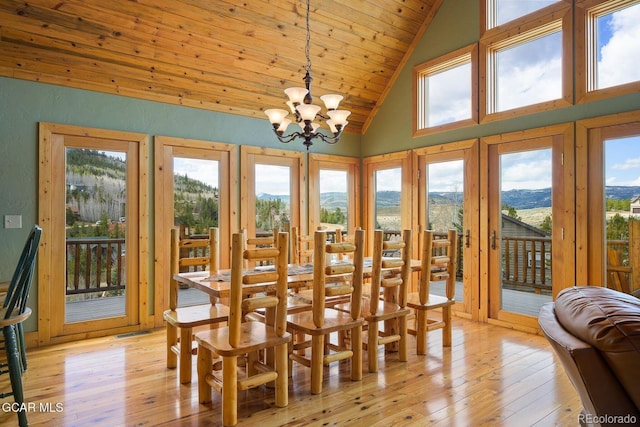 62 897, Grand Lake, CO 80447 - dining room featuring a mountain view, a chandelier, light wood-style floors, wood ceiling, and high vaulted ceiling