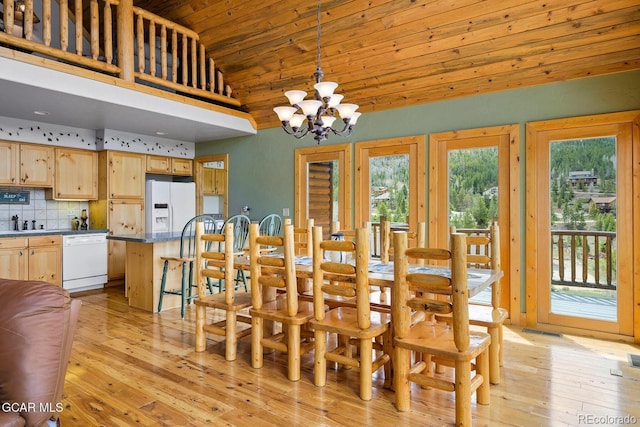 62 897, Grand Lake, CO 80447 - dining space with wood ceiling, light wood-type flooring, a chandelier, and high vaulted ceiling